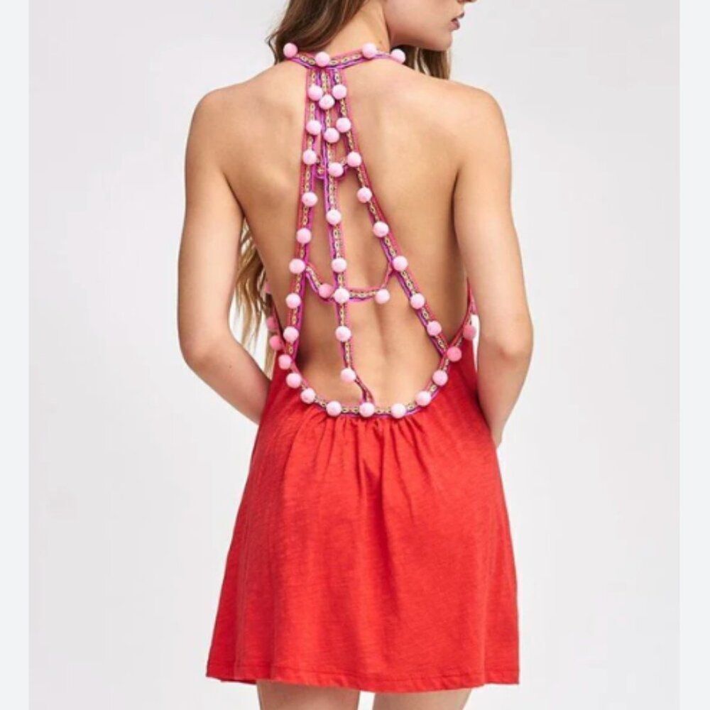 Pitusa Strappy Summer Dress - Pom Pom Dress Blood Orange in Size Standard